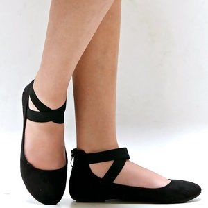Black Elastic Cross Mary Jane Ballet Flats.